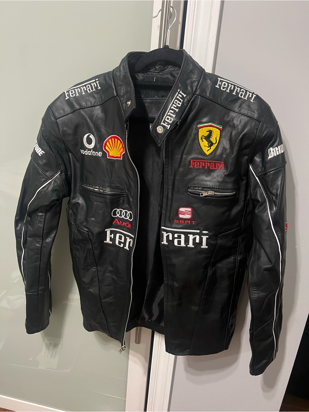 Ferrari Black Real Leather Racing-Style Logo Jacket